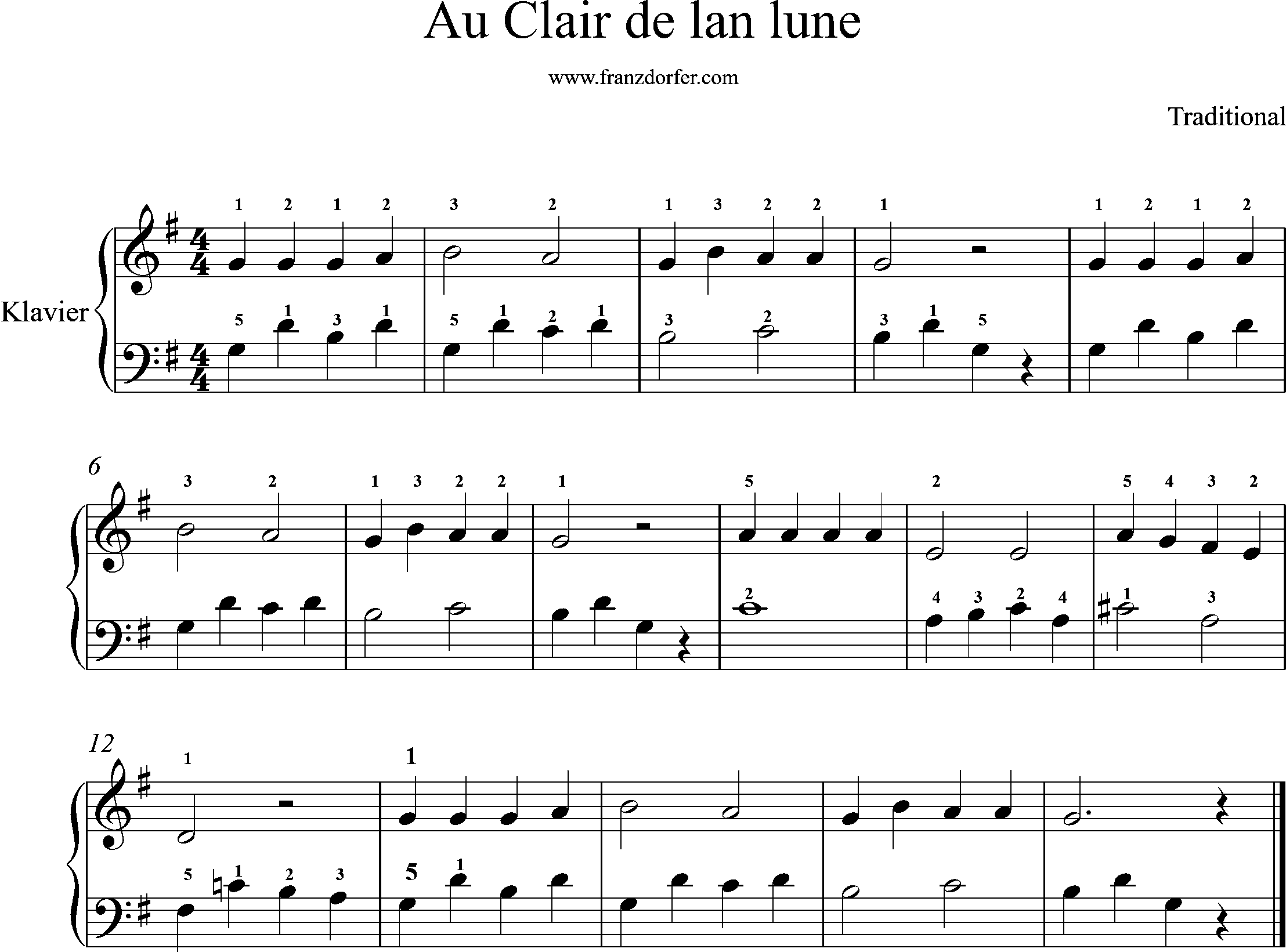 Klaviernoten, Au Clair de la lune, G-Dur